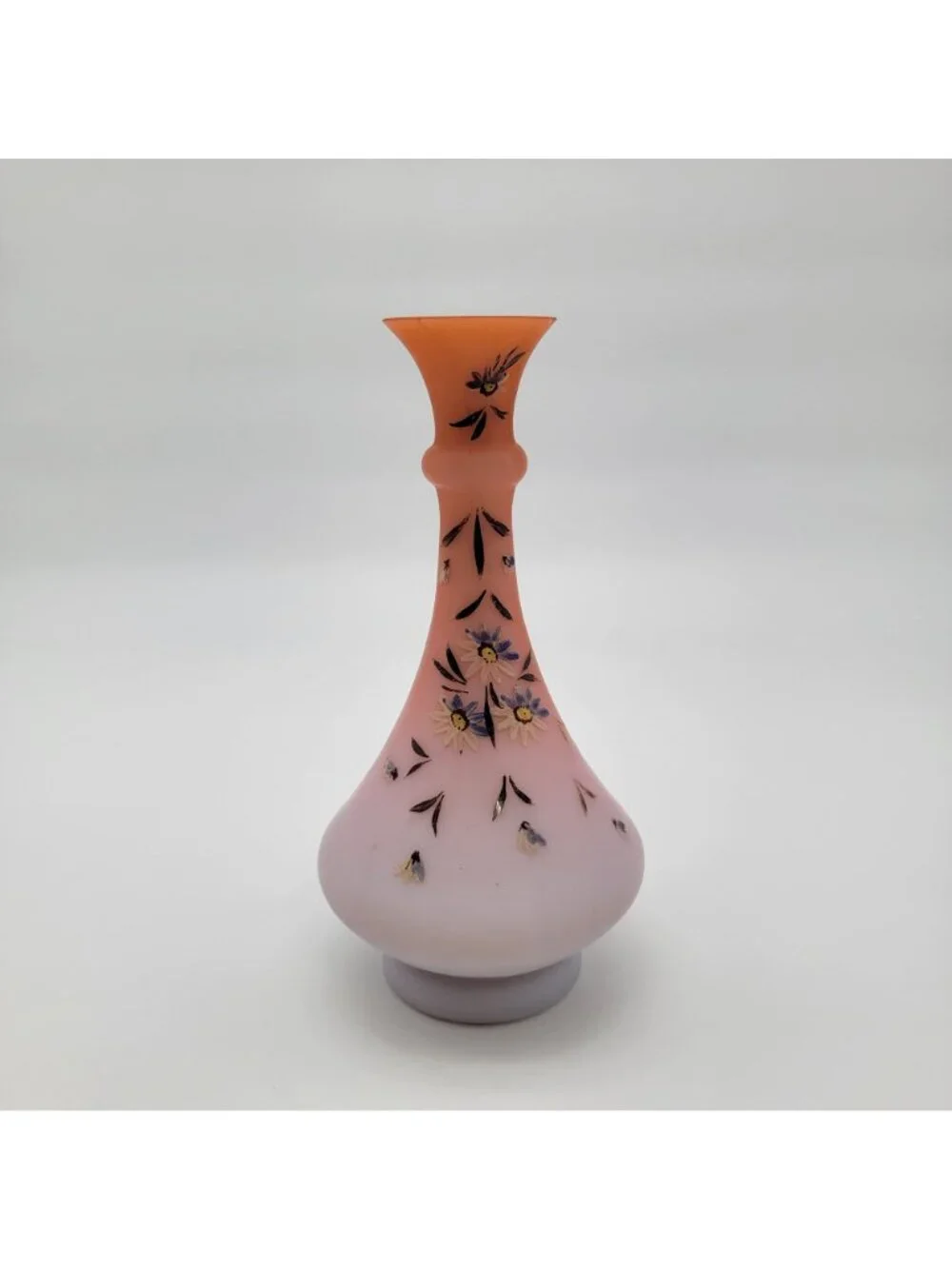 Antique Victorian Handpainted Peach Blow Satin Glass Vase With Floral Motif